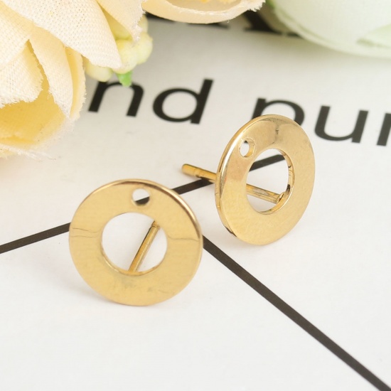 Picture of 304 Stainless Steel Ear Post Stud Earrings Round Gold Plated W/ Loop 10mm Dia., Post/ Wire Size: (20 gauge), 100 PCs