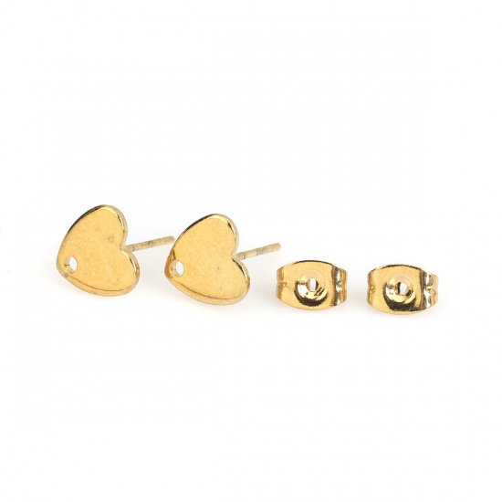 Picture of 304 Stainless Steel Ear Post Stud Earrings Heart Gold Plated W/ Loop 8mm x 8mm, Post/ Wire Size: (20 gauge), 50 PCs