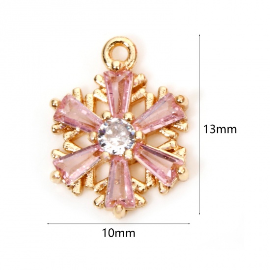 Imagen de 2 Unidades Latón & Vidrio Colgantes Copo de nieve Navidad 18K Oro Real Chapado Rosado Claro Circón Artificial 13mm x 10mm