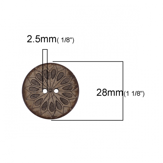 Picture of Coconut Shell Sewing Buttons Scrapbooking 2 Holes Round Brown Flower Pattern 28mm(1 1/8") Dia, 30 PCs