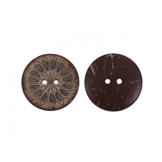 Picture of Coconut Shell Sewing Buttons Scrapbooking 2 Holes Round Brown Flower Pattern 28mm(1 1/8") Dia, 30 PCs