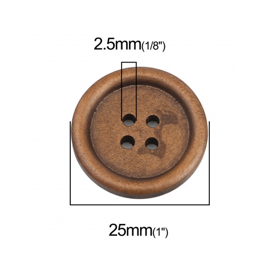 Picture of Wood Sewing Buttons Scrapbooking 4 Holes Round Light Coffee 25mm(1") Dia, 50 PCs