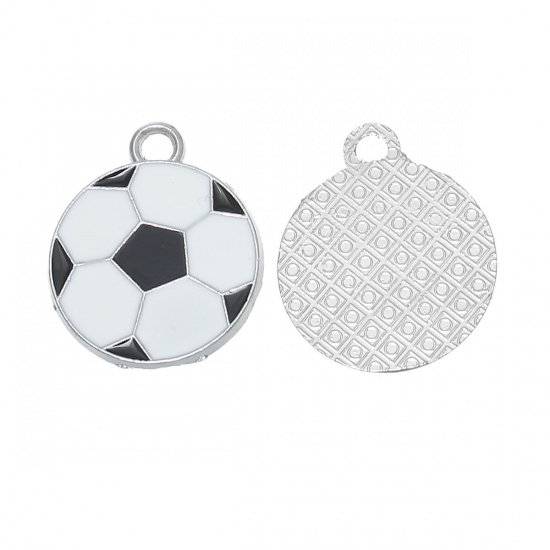 Immagine di Lega di Zinco Sport Ciondoli Calcio Tono Argento Smalto 24mm x 19mm , 100 Pz