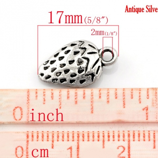 Picture of Zinc Based Alloy Charms Strawberry Fruit Antique Silver Color 17mm( 5/8") x 10mm( 3/8"), 40 PCs