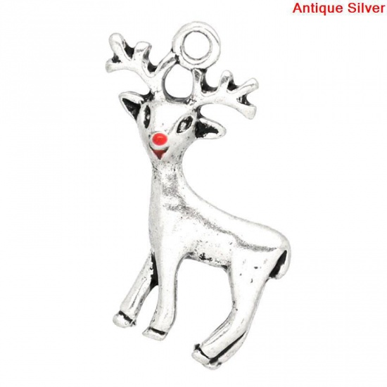 Picture of Antique Silver Color Christmas Reindeer Charms Pendants 24mm x 21mm(1"x 7/8"), 20 PCs