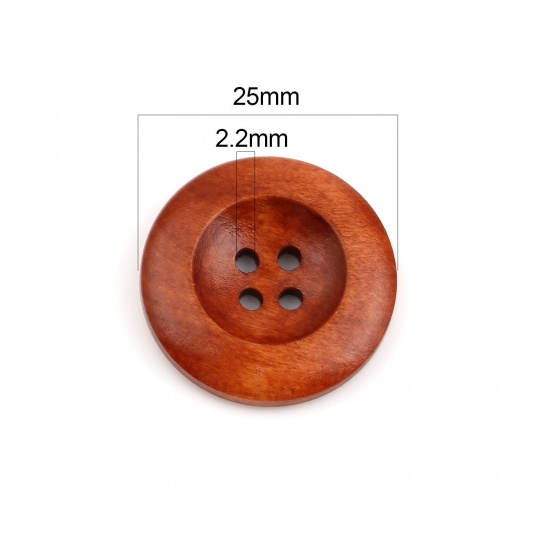 Picture of Wood Sewing Buttons Scrapbooking 4 Holes Round Coffee 25mm(1") Dia, 50 PCs