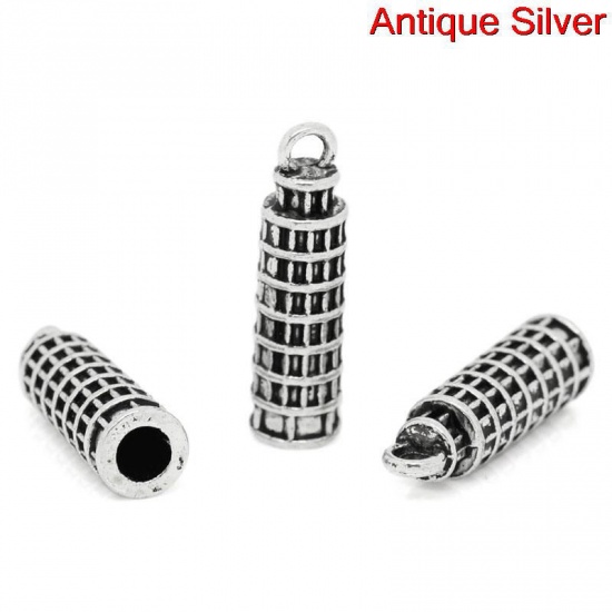 Picture of Zinc Based Alloy Travel Charms Leaning Tower of Pisa Antique Silver Color 26mm(1") x 7mm( 2/8"), 10 PCs