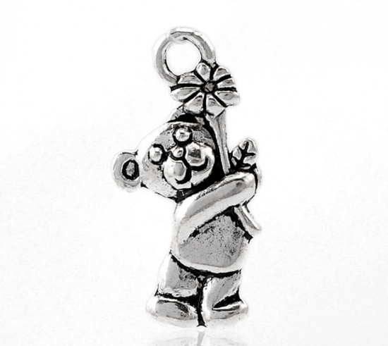 Immagine di Lega di Zinco Charms Orso Argento Antico Fiore 19mm x 9mm , 15 Pz