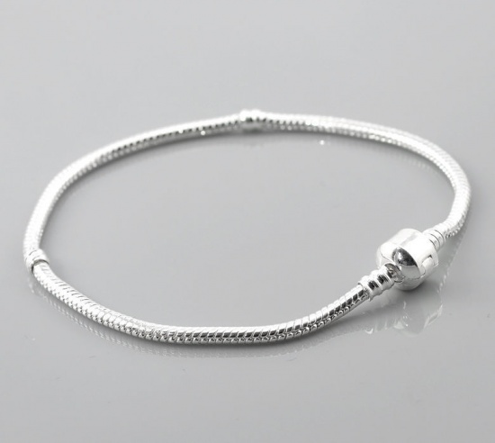 Picture of Copper European Style Snake Chain Charm Bracelets Silver Plated W/ Stopper Clip 24cm long, 2 PCs