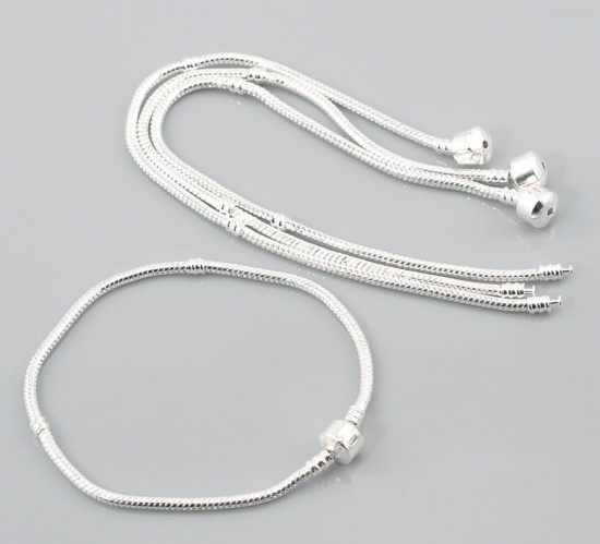 Picture of Copper European Style Snake Chain Charm Bracelets Silver Plated W/ Stopper Clip 24cm long, 2 PCs
