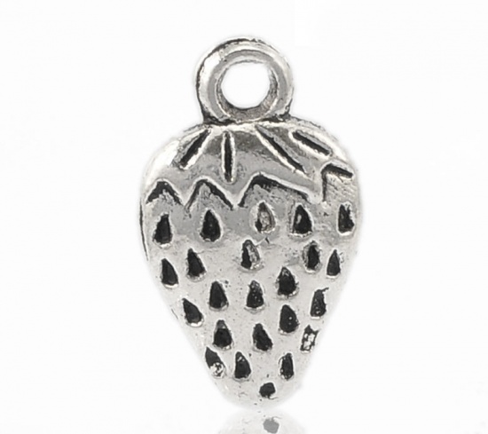 Picture of Zinc Based Alloy Charms Strawberry Fruit Antique Silver Color 17mm( 5/8") x 10mm( 3/8"), 7 PCs
