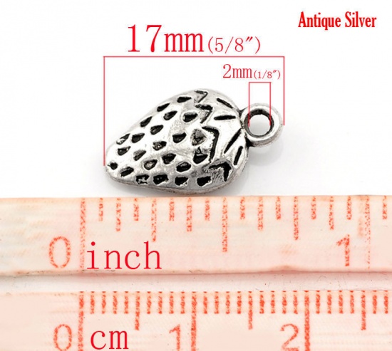 Picture of Zinc Based Alloy Charms Strawberry Fruit Antique Silver Color 17mm( 5/8") x 10mm( 3/8"), 7 PCs