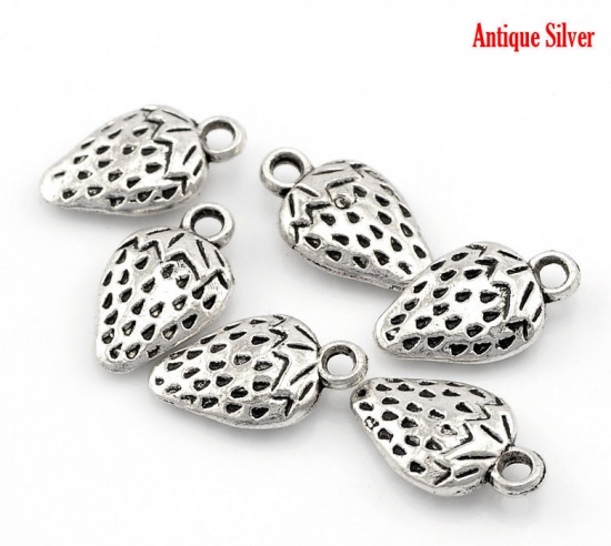 Picture of Zinc Based Alloy Charms Strawberry Fruit Antique Silver Color 17mm( 5/8") x 10mm( 3/8"), 7 PCs