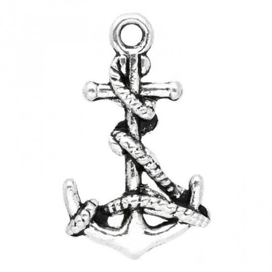 Immagine di Lega di Zinco Charm Ciondoli Ancora Argento Antico Nulla Disegno 19.0mm x 11.0mm, 100 Pz