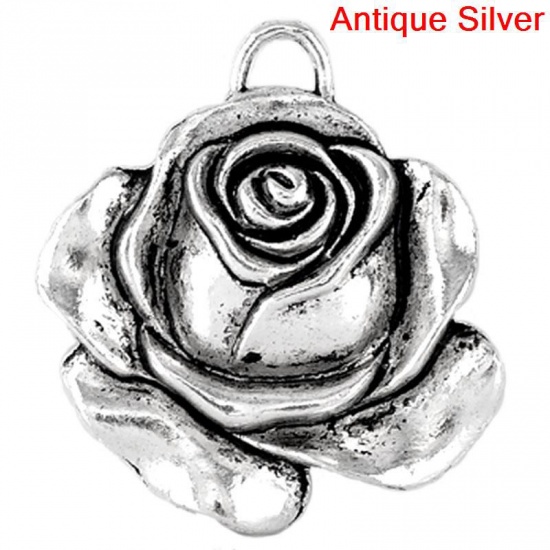 Picture of Charm Pendants Rose Flower Antique Silver Color 3.6x3.3cm,10PCs