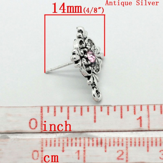 Picture of Brass Ear Post Stud Earrings Findings Cross Flower Antique Silver Color Pink Rhinestone 19mm( 6/8") x 14mm( 4/8"), Post/ Wire Size: (21 gauge), 30 PCs                                                                                                        