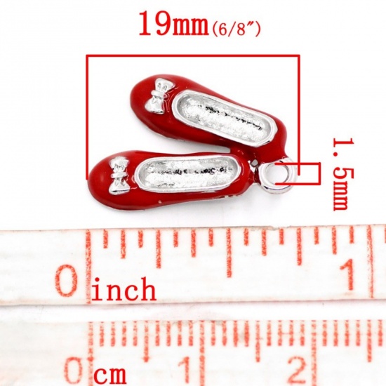 Picture of Zinc Based Alloy Charms Shoes Silver Tone Bowknot Carved Red Enamel 19mm( 6/8") x 14mm( 4/8"), 10 PCs