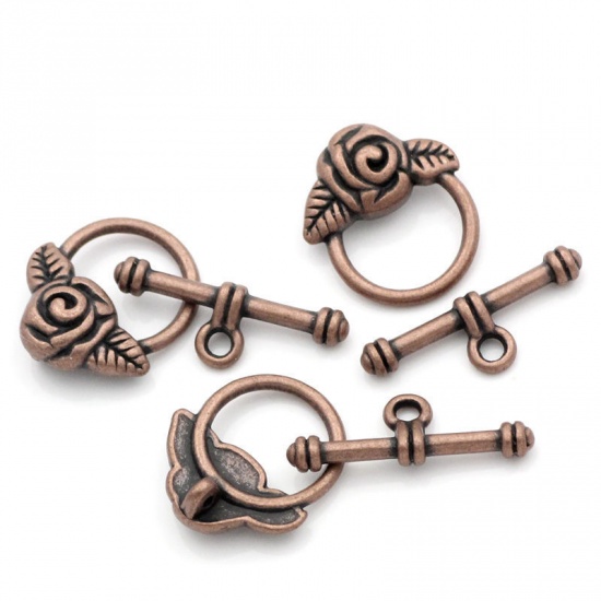 Picture of Zinc Based Alloy Toggle Clasps Round Antique Copper Flower Carved 19mm x 17mm 23mm x 7mm, 20 Sets