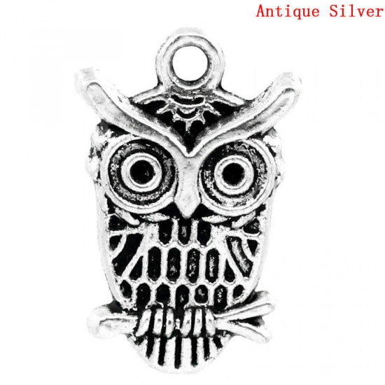 Immagine di Halloween Lega di Zinco Charm Ciondoli Gufo Argento Antico ss4 Strass Nulla Disegno 23.0mm x 15.0mm, 30 Pz