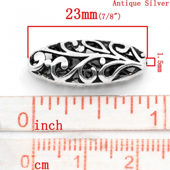 Picture of Zinc Based Alloy Spacer Beads Oval Antique Silver Color Flower Hollow Carved About 23mm x 10mm, Hole:Approx 1.5mm, 20 PCs