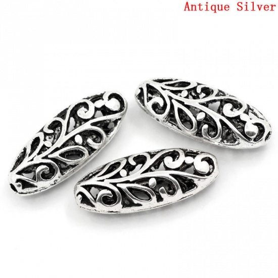Picture of Zinc Based Alloy Spacer Beads Oval Antique Silver Color Flower Hollow Carved About 23mm x 10mm, Hole:Approx 1.5mm, 20 PCs