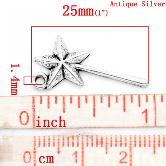 Picture of Charm Pendants Star Stick Antique Silver Color 25x13mm,30PCs