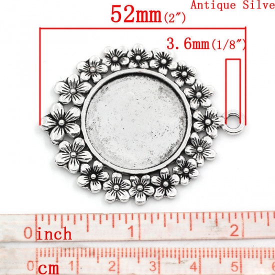 亜鉛合金 レジン セッティング台 ミール皿 ペンダント 円形 銀古美 (適応サイズ:25mm) 52mm x 42mm、 5 個 の画像