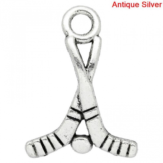 Picture of Zinc Based Alloy Sport Pendants Ice Hockey Stick Antique Silver Color Color Plated 22mm x 16mm, 50 PCs