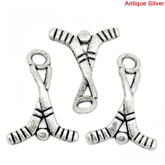 Picture of Zinc Based Alloy Sport Pendants Ice Hockey Stick Antique Silver Color Color Plated 22mm x 16mm, 50 PCs