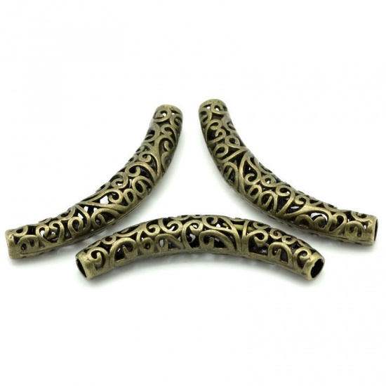 Bild von Zinklegierung Perlen Tube Bronzefarbe Blumen Filigran Geschnitzt ca. 66mm x 11mm, Loch:ca. 5.6mm, 5 Stück