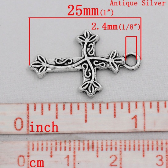 Picture of Zinc Based Alloy Easter Charms Cross Antique Silver Color Flower Vine Carved 25mm(1") x 16mm( 5/8"), 50 PCs