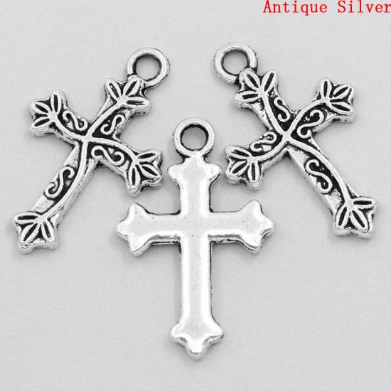 Picture of Zinc Based Alloy Easter Charms Cross Antique Silver Color Flower Vine Carved 25mm(1") x 16mm( 5/8"), 50 PCs