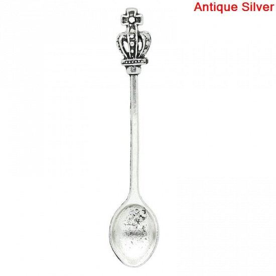 Picture of Zinc Metal Alloy 3D Pendants Spoon Tableware Antique Silver Color Crown Carved 59mm(2 3/8") x 12mm( 4/8"), 10 PCs