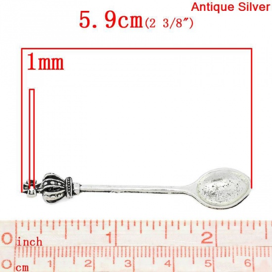 Picture of Zinc Metal Alloy 3D Pendants Spoon Tableware Antique Silver Color Crown Carved 59mm(2 3/8") x 12mm( 4/8"), 10 PCs