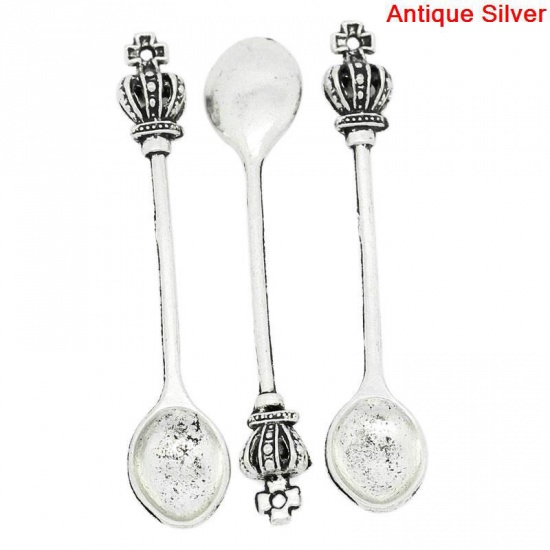 Picture of Zinc Metal Alloy 3D Pendants Spoon Tableware Antique Silver Color Crown Carved 59mm(2 3/8") x 12mm( 4/8"), 10 PCs