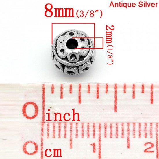 Picture of Zinc Based Alloy Spacer Beads Round Antique Silver Color Circle Carved About 8mm Dia, Hole:Approx 2mm, 50 PCs