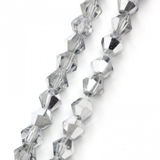 Picture of 3 Strands (Approx 90 PCs/Strand) Glass Beads For DIY Charm Jewelry Making Bicone Silver Tone Two Tone Transparent Faceted About 4mm x 4mm, Hole: Approx 0.5mm, 36cm(14 1/8") long