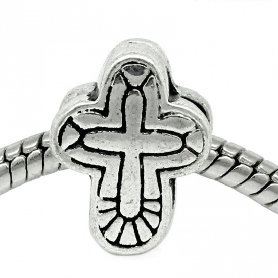 Picture of Zinc Metal Alloy European Style Large Hole Charm Beads Cross Antique Silver Color 14x11mm, Hole: Approx 4.8mm, 20 PCs