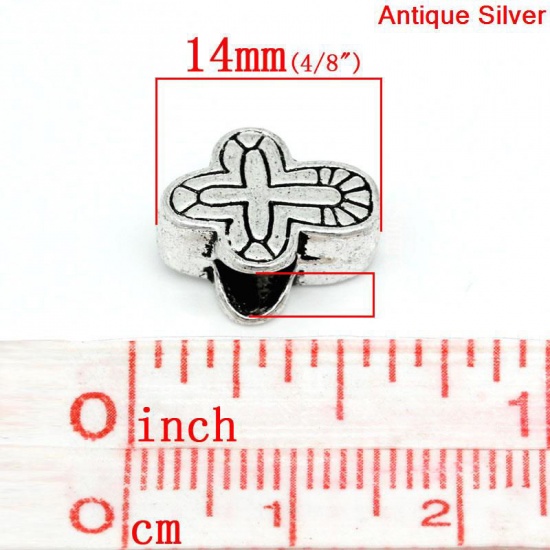 Picture of Zinc Metal Alloy European Style Large Hole Charm Beads Cross Antique Silver Color 14x11mm, Hole: Approx 4.8mm, 20 PCs