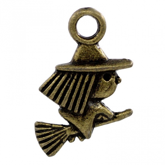 Picture of Zinc Based Alloy Charms Halloween Witch & Broom Antique Bronze 16x10mm( 5/8"x 3/8"), 100 PCs