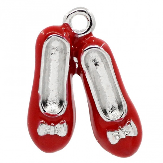 Picture of Zinc Based Alloy Charms Shoes Silver Tone Bowknot Carved Red Enamel 19mm( 6/8") x 14mm( 4/8"), 100 PCs