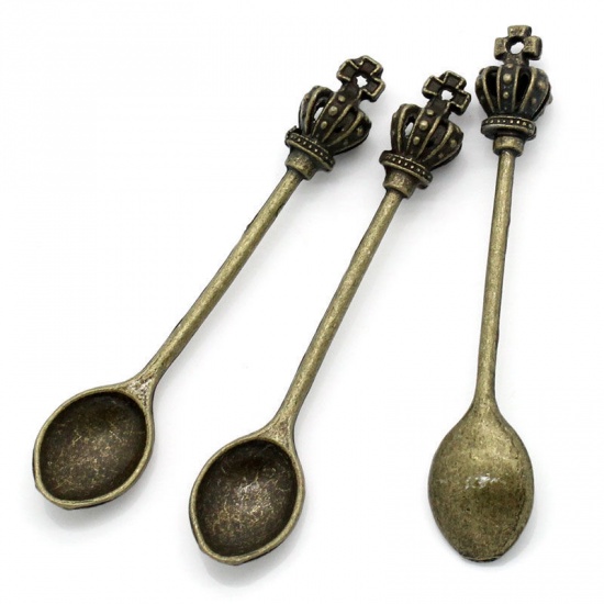 Picture of 2 PCs Zinc Based Alloy Pendants Antique Bronze Spoon Crown 5.9cm x 1.2cm