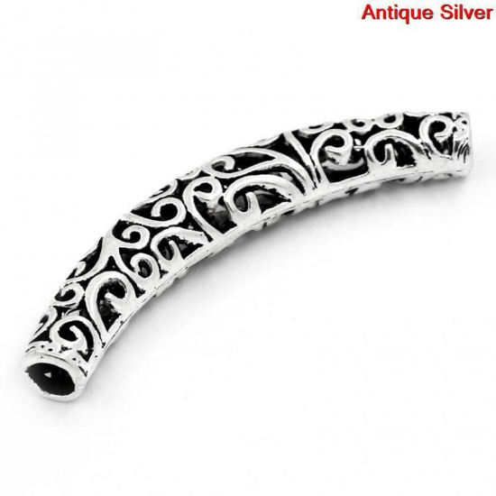 Picture of Zinc Based Alloy Spacer Beads Curved Tube Antique Silver Color Flower Hollow Carved About 66mm x 12mm, Hole:Approx 6mm, 5 PCs