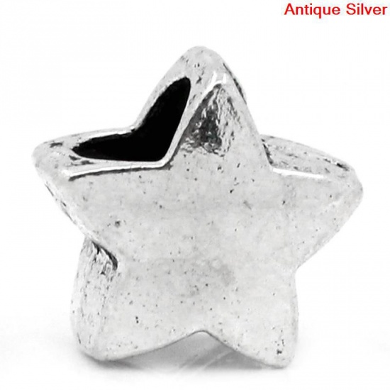 Picture of Zinc Metal Alloy European Style Large Hole Charm Beads Star Antique Silver Color Color Plated About 12mm x 11mm, Hole: Approx 5mm, 30 PCs