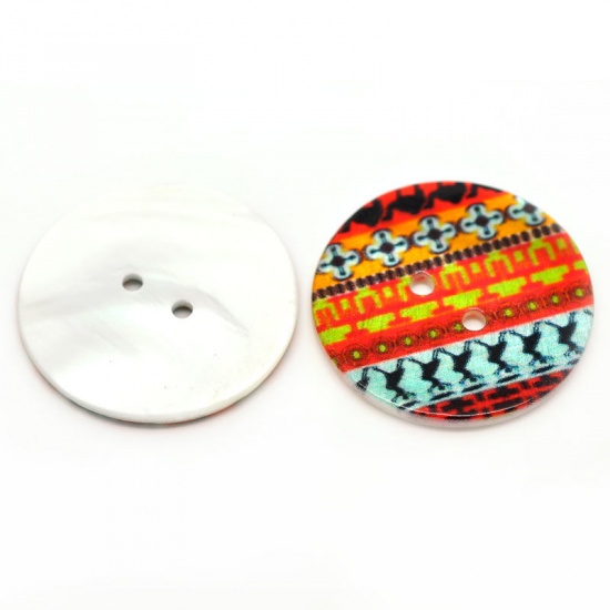 Picture of Natural Shell Buttons Round 2 Holes Multicolor Pattern Printed 3cm Dia,20PCs