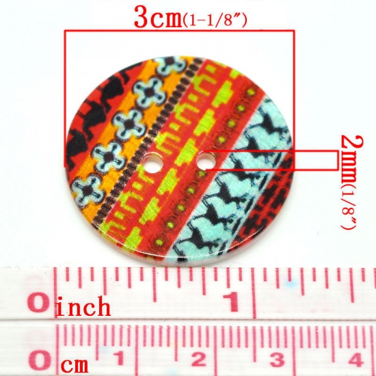 Picture of Natural Shell Buttons Round 2 Holes Multicolor Pattern Printed 3cm Dia,20PCs