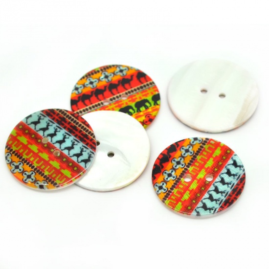 Picture of Natural Shell Buttons Round 2 Holes Multicolor Pattern Printed 3cm Dia,20PCs