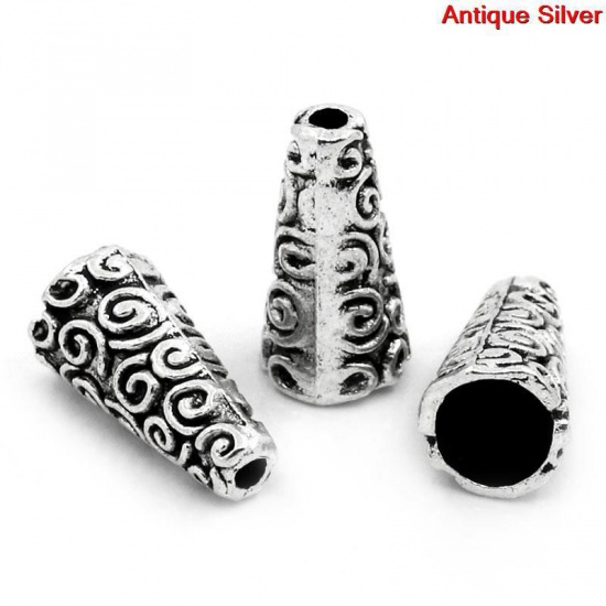 Picture of Zinc Based Alloy Spacer Beads Cone Antique Silver Color Carved About 18mm x 9mm, Hole:Approx 2mm, 50 PCs