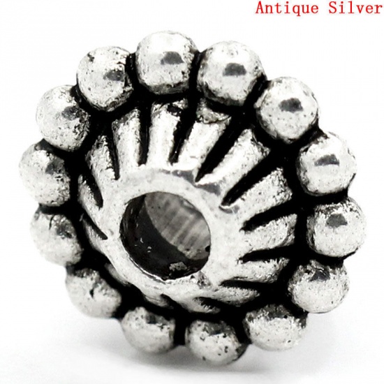Picture of Zinc Based Alloy Spacer Beads Flying Saucer Antique Silver Color Dot Carved About 11mm Dia, Hole:Approx 3mm, 50 PCs
