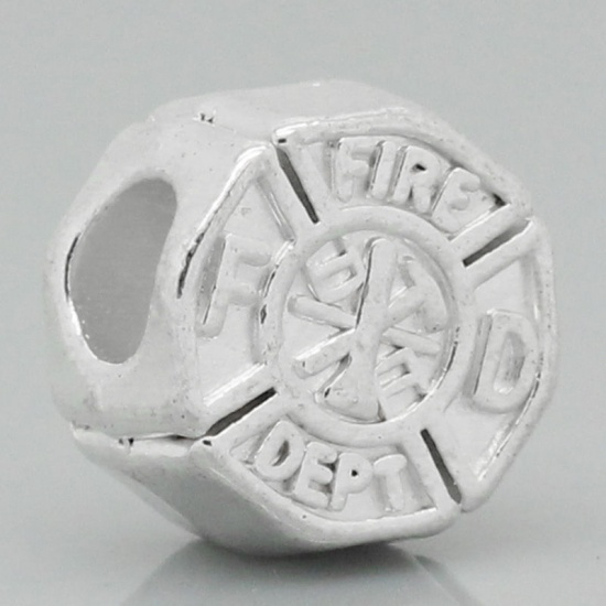 Immagine di Lega di Zinco Stile Europeo Perline Scolpito " Fire Dept" Tondo Argento Placcato Circa 12.0mm x 11.0mm, Foro: Circa 4.5mm, 20 Pz